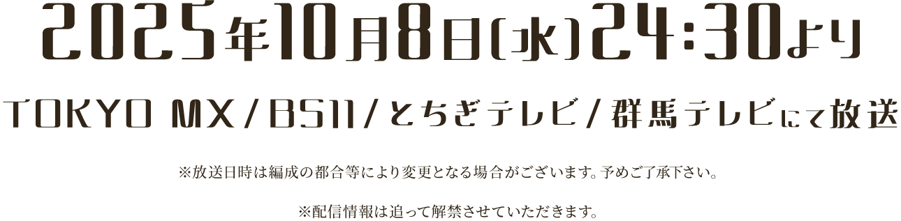 2025年10月8日より TOKYO MX ／ BS11 ／ とちぎテレビ ／ 群馬テレビにて放送